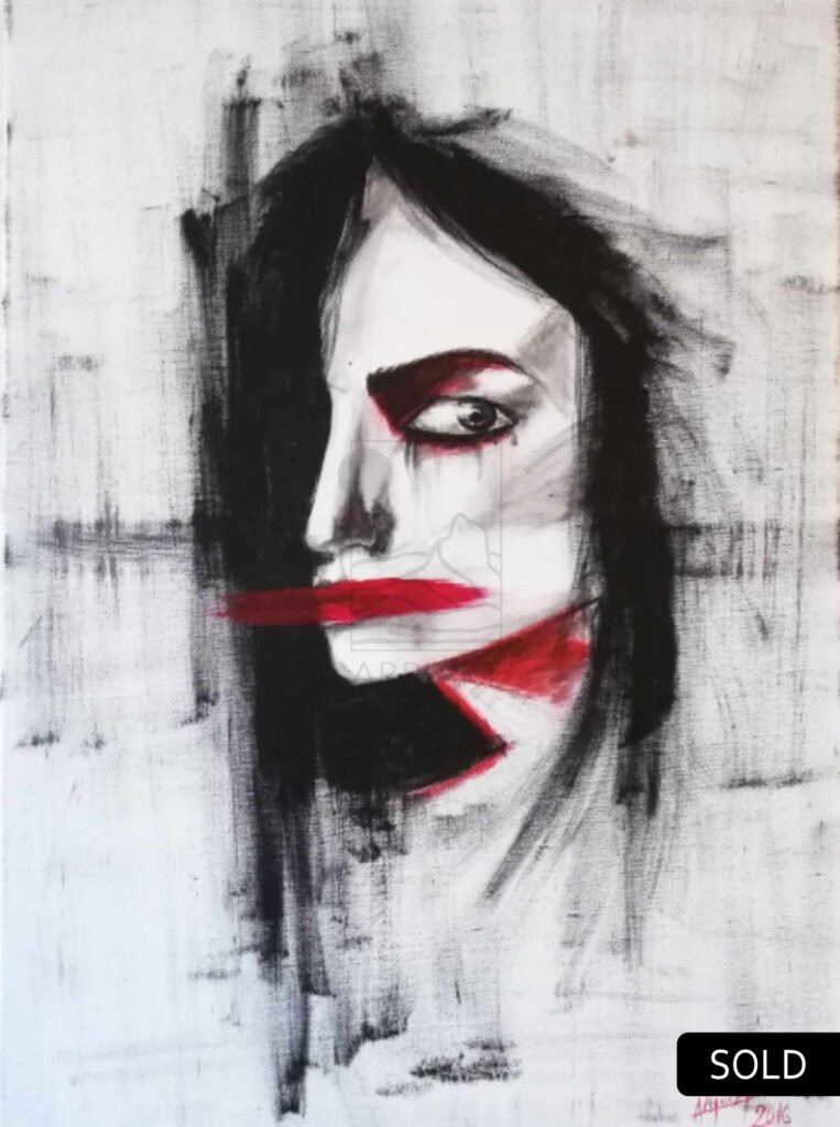 surrealist portrait of a woman in red and black 