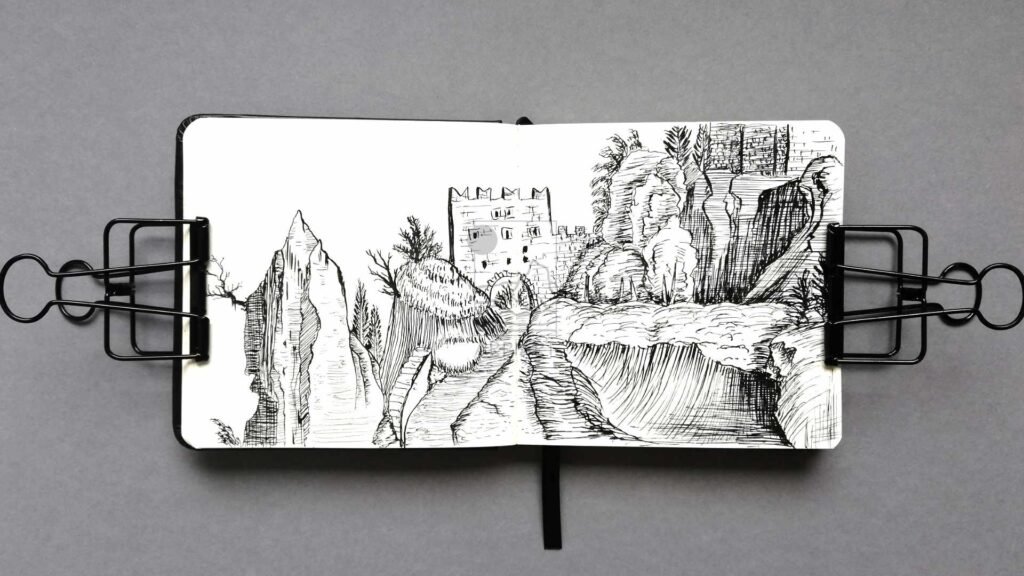 sketchbook_page_ink_drawing_house_mountain_arpiart.jpg