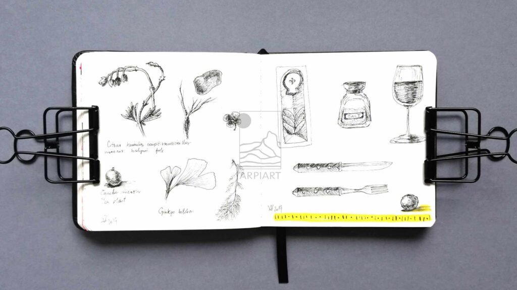 sketchbook_page_ink_drawing_plants_cutlery_arpiart.jpg