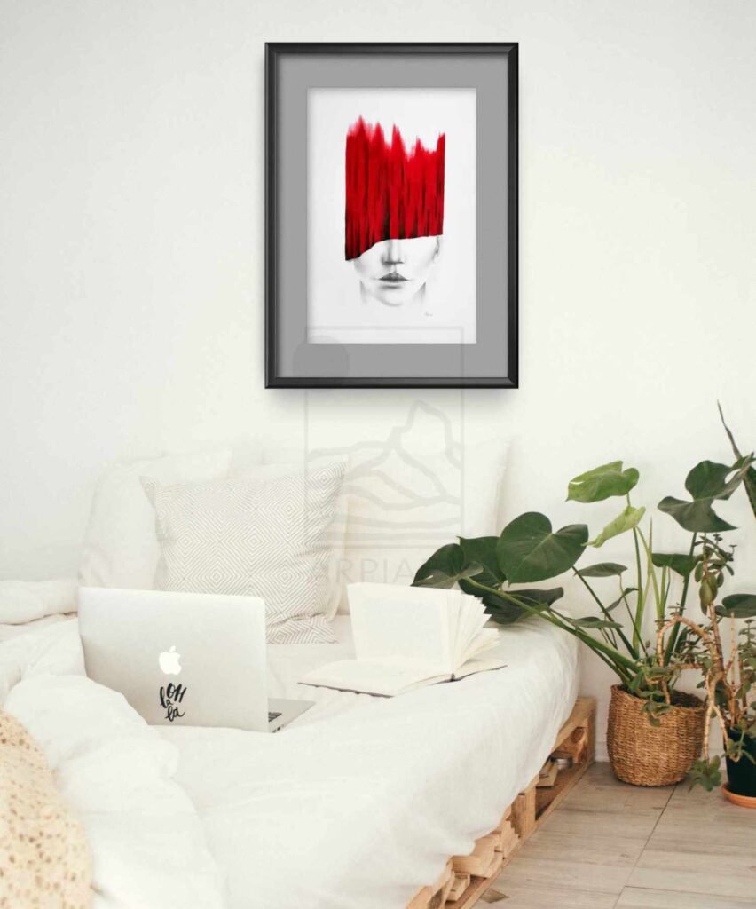 surrealist portrait of a woman and red curtains on a wall