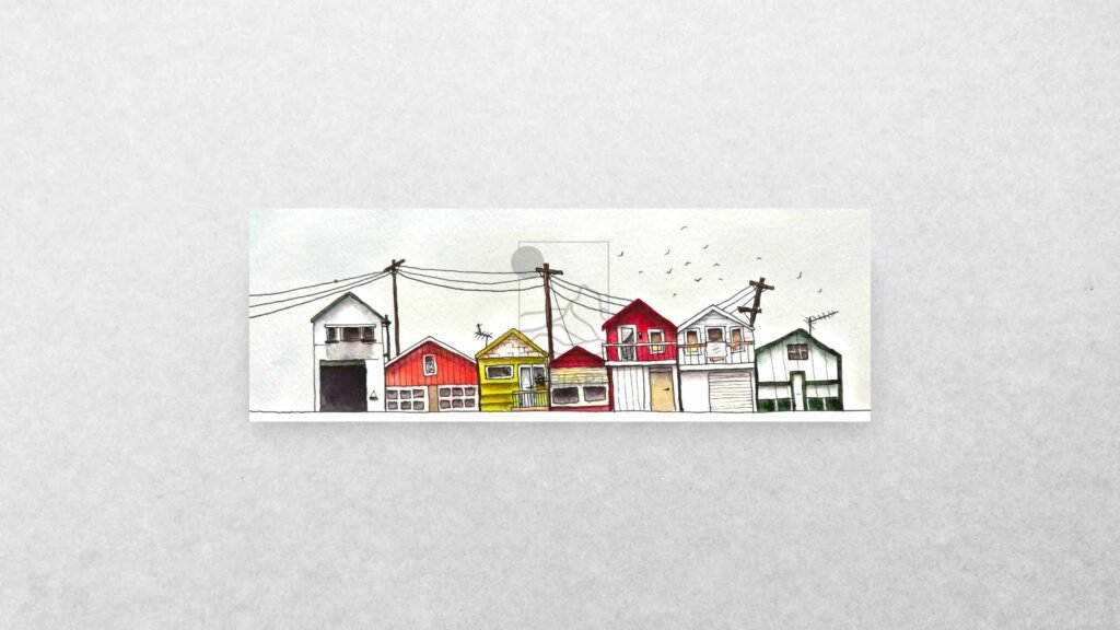 Sketchbook page tiny cute houses watercolor drawing