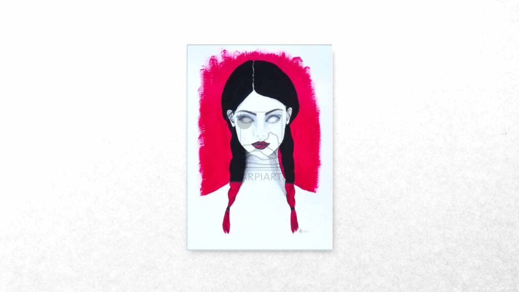 Skizzenbuch Seite Tinte Acryl Zeichnung Porträt Frau rot schwarz Arpiart Surrealismus Symbolik