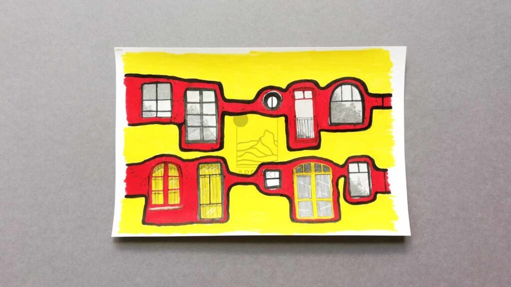 haus gelb rot hundertwasser architektur zeichnung modern kunst